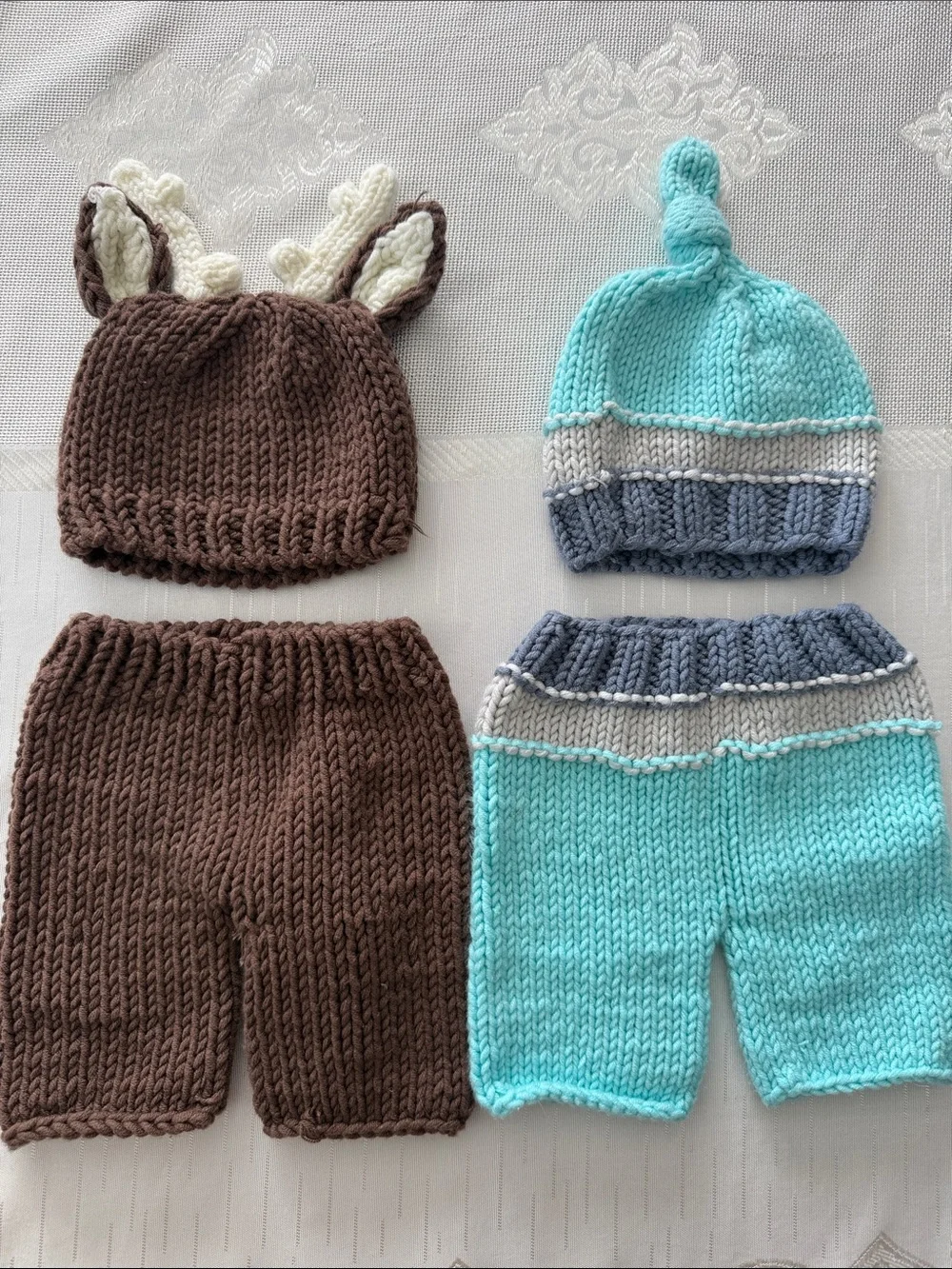 Hand-Knit Kids Brown Deer Hat & Short Set and Aqua Stripe Knit Hat & Shorts